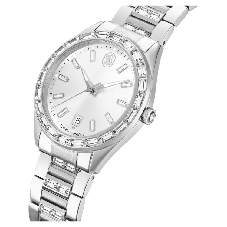 Matrix date watch Swiss Made, Metal bracelet, Silver tone, Stainless steel